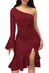 Burgundy Twist and Ruffle Accent One Shoulder Prom Dress